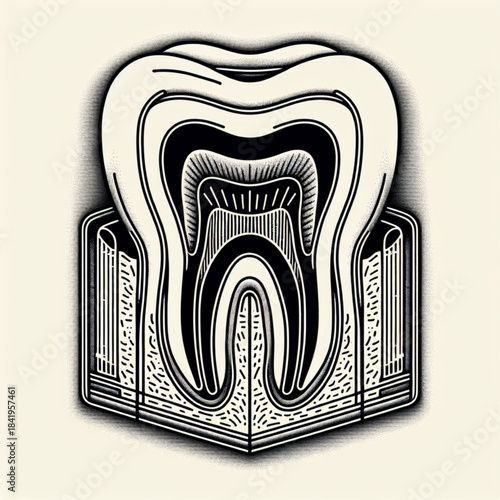Anatomy of a Tooth: An illustration providing a detailed view of the internal structure of a single tooth, showcasing the intricacies of dental anatomy and cross section of a single tooth.