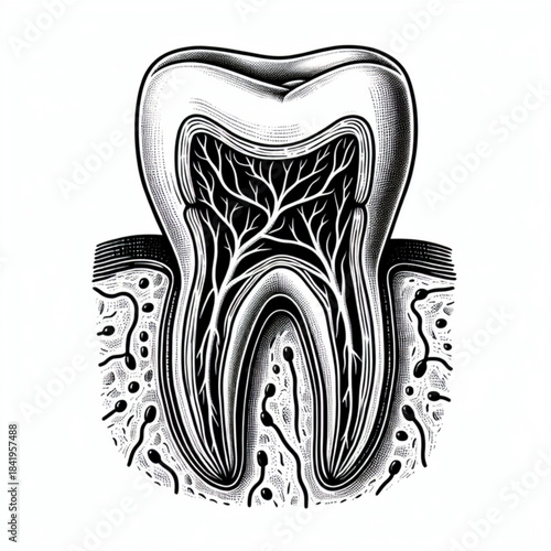 Detailed Dental Anatomy: An intricately detailed cross-section illustration of a tooth, revealing its internal structure, including the enamel, dentin, pulp chamber, and root system.