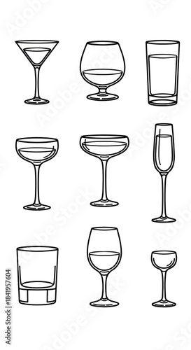 Various glassware outline set for drinks and cocktails