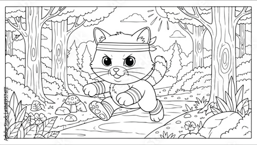 A cartoon raccoon wearing a headband runs on a forest path with trees and foliage in a black and white line drawing.