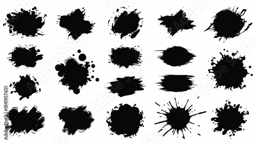 Collection of various black ink splatters and blots on a white background, arranged in rows.