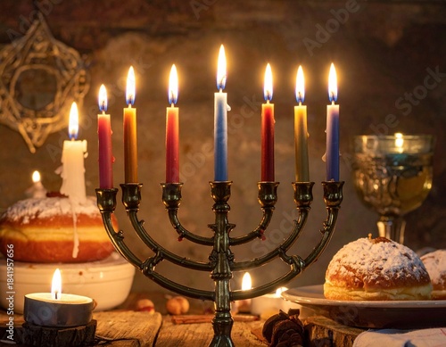 Lit Hanukkah Menorah With Candles and Traditional Holiday Setting
