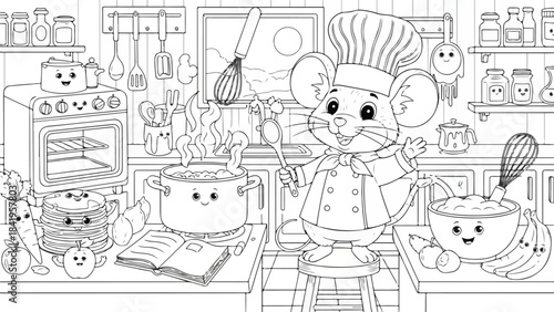 A cheerful mouse chef stands in a kitchen with cartoon animal friends and cooking utensils, conveying a playful mood with bold lines and simple shapes.