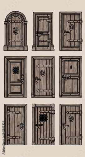 Old wooden doors collection with metal hardware