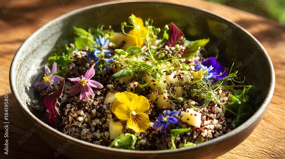 Fototapeta premium Vibrant mixed grain salad adorned with colorful edible blossoms served in a rustic bowl
