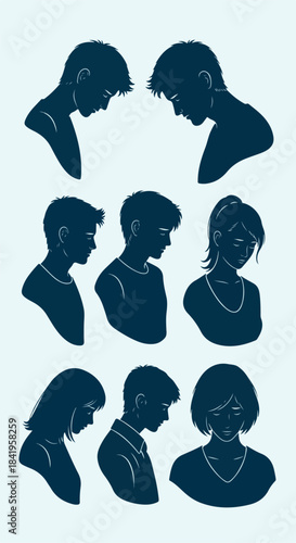 Sad people silhouettes in profile with transparent background