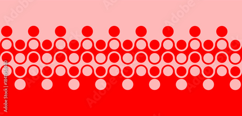 Bold geometric vector pattern. Wavy wide horizontal symmetrical stripes, circles and flowing curves in vibrant candy classic red and light salmon pink. Dynamic modern abstract background. Yin Yang 