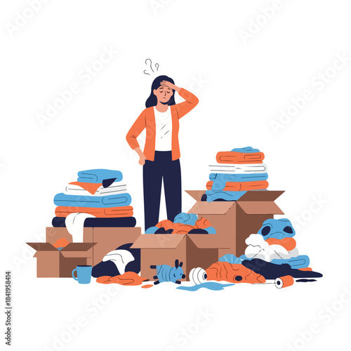 Overwhelmed woman surrounded by clutter and boxes