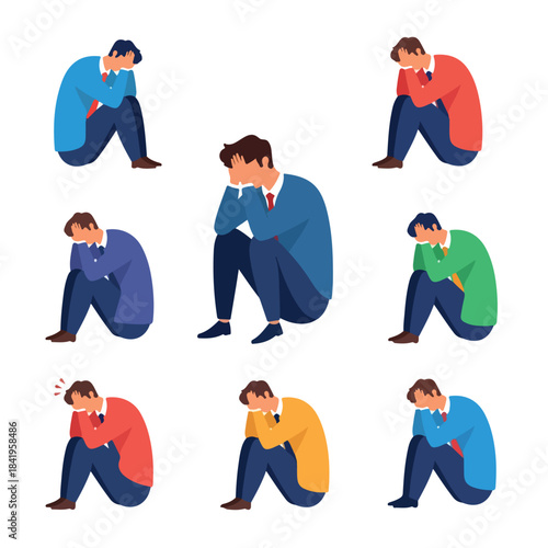 Sad man sitting isolated in various colors