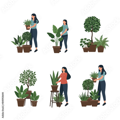 Woman tending potted plants in various settings