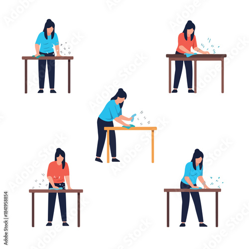 Woman cleaning table in various poses