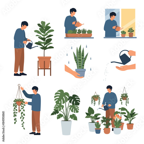 Man watering plants indoors, various scenes