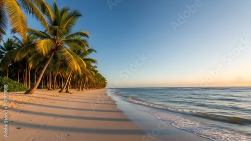 Panoramic view of a serene beach at sunrise with palm trees lining the shore and gentle waves lapping at the sandy beach against a clear blue sky.