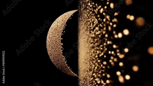 Crescent of tiny grains beside blurred wall of particles in dark space backdrop