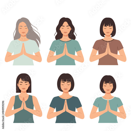 Women praying hands together in various hairstyles