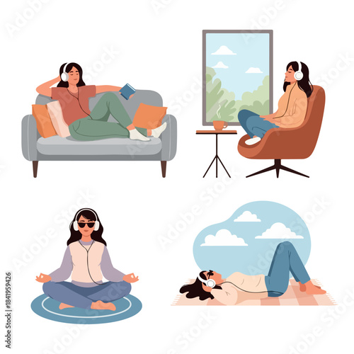 Relaxation activities with headphones and cozy home setting