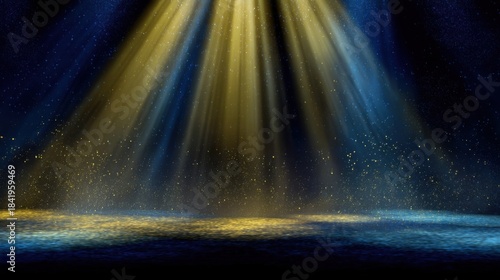 A dark blue antechamber filled with shimmering stars emits medium bright golden rays outward resembling spotlights in a 