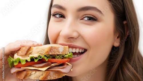 Wallpaper Mural Cheerful woman enjoying a delicious sandwich with fresh ingredients, perfect for lunch or a quick snack, showing a healthy and happy lifestyle Torontodigital.ca