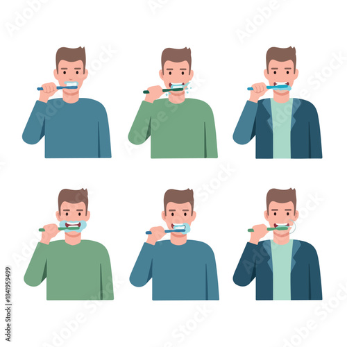 Man brushing teeth in different outfits
