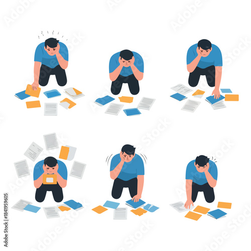 Man overwhelmed by paperwork, stressed and frustrated