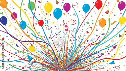 Colorful explosion of balloons, confetti, and streamers for celebration and party events