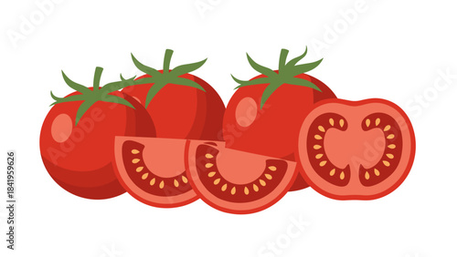 Group of fresh red tomatoes, whole and sliced