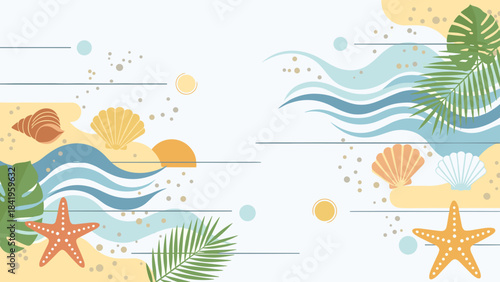Summer beach vacation background with seashells, starfish, and tropical leaves