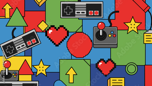 Retro video game elements pattern with pixelated hearts, joysticks, and controllers on colorful blocks
