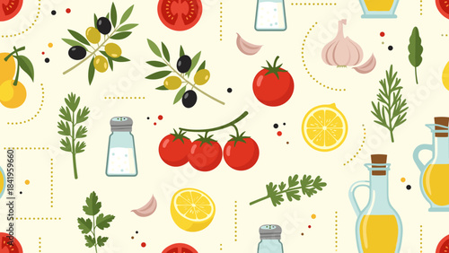 Seamless pattern with italian cooking ingredients tomatoes, olive branches, garlic, herbs, lemon, and oil in bottles