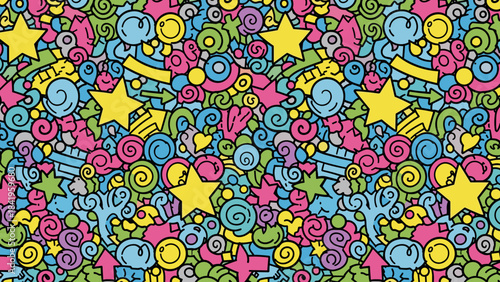 Vibrant seamless pattern of abstract doodle shapes and stars in bright colors