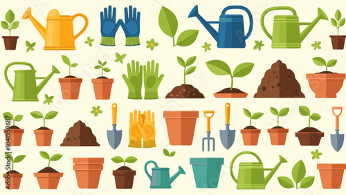 Collection of gardening tools, seedlings, potted plants, and soil for spring planting