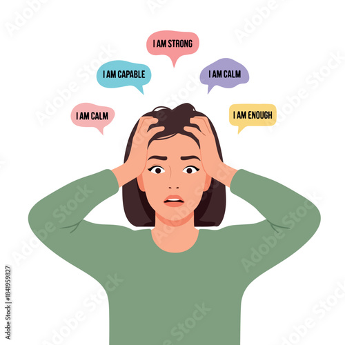 Woman with affirmations speech bubbles with transparent background