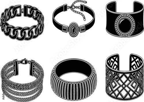 Elegant black silhouette vector set of stylish bracelets and bangles, featuring modern fashion accessories, luxury jewelry designs, detailed decorative patterns, and bold statement wristwear
