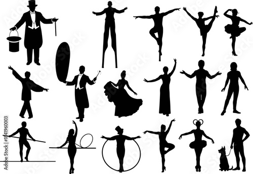 Elegant circus and dance performer silhouettes collection featuring magicians, acrobats, ballerinas, stilt walkers, hoop artists,