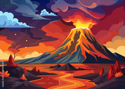 ramatic landscape of volcanic eruption with lava and smoke, natural disaster scene