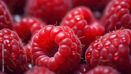 Macro shot of ripe raspberries forming seamless textured background displaying detailed natural freshness in imagery
