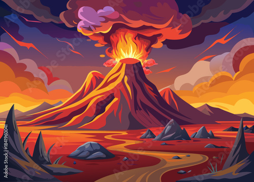 ramatic landscape of volcanic eruption with lava and smoke, natural disaster scene