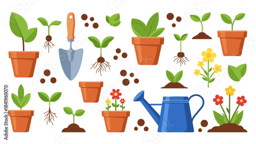 Collection of gardening elements seedlings, potted plants, tools, and soil clumps for spring planting