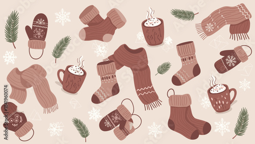 Cozy winter accessories and hot drinks pattern with snowflakes and pine branches
