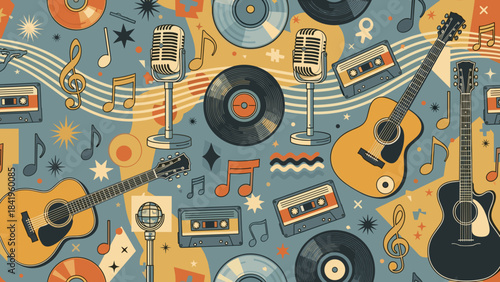 Vintage music pattern background with guitars, microphones, records, and cassette tapes