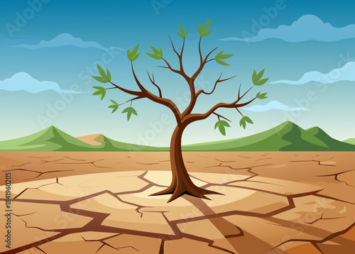 Single tree growing on dry cracked soil, hope concept
