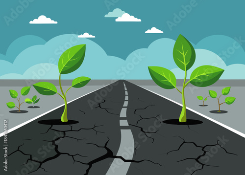 seedlings growing through cracked asphalt, symbol of nature resilience