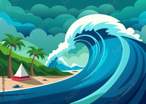 tsunami wave approaching the shore, disaster preparedness theme, no human