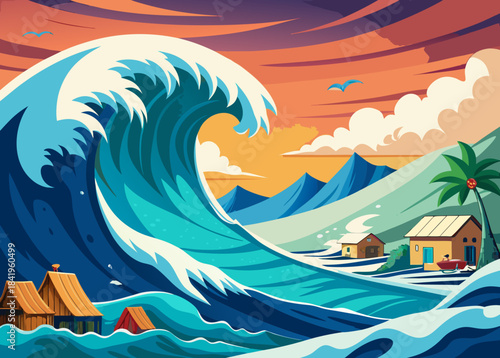 tsunami wave approaching the shore, disaster preparedness theme, no human