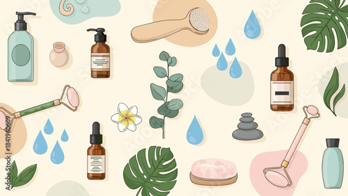 Collection of natural skincare and beauty products with botanical elements and water droplets