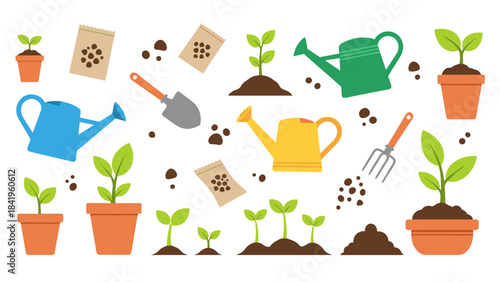 Gardening tools and seedlings watering cans, shovels, seeds, and growing plants collection