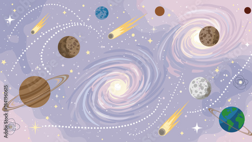 Colorful illustration of planets, galaxies, comets, and stars in outer space