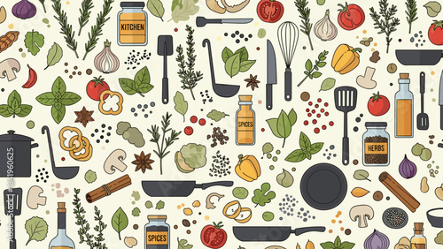 Seamless pattern of cooking ingredients, herbs, spices, and kitchen utensils in pixel art style