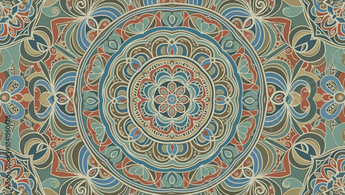 Intricate bohemian mandala pattern in earthy tones of teal, brown, and beige