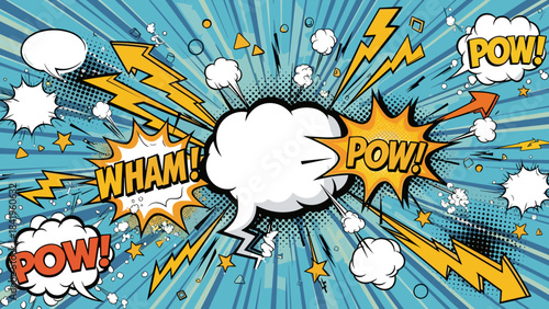 Comic book explosion background with speech bubbles, sound effects like pow and wham, and lightning